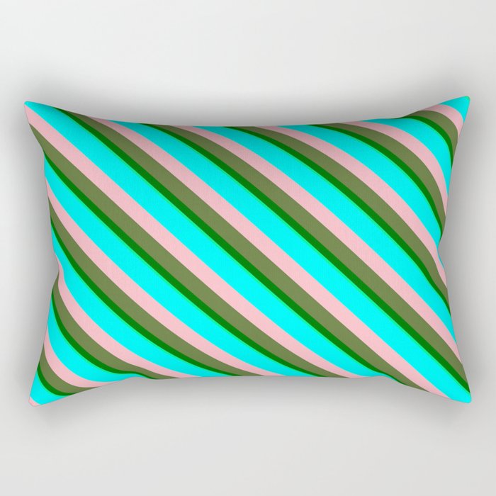 Eye-catching Aqua, Light Pink, Dark Olive Green, Dark Green & Green Colored Stripes/Lines Pattern Rectangular Pillow