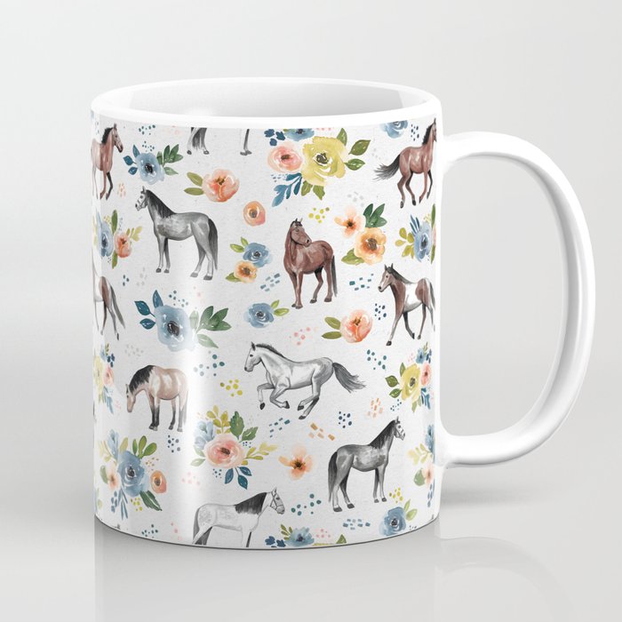 Horses and Flowers, Floral Horses, Western, Horse Art, Horse Decor, Gray Coffee Mug