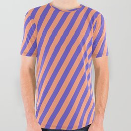 [ Thumbnail: Light Salmon and Slate Blue Colored Lined Pattern All Over Graphic Tee ]