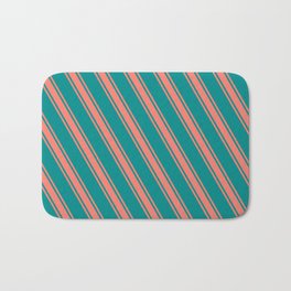 [ Thumbnail: Dark Cyan & Salmon Colored Stripes Pattern Bath Mat ]