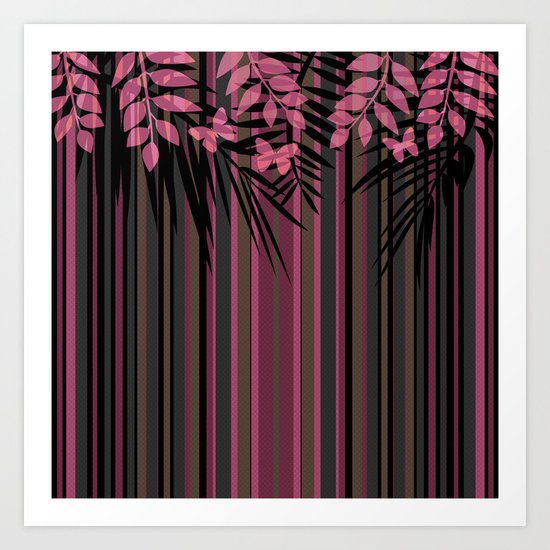Butterflies and leaves on a striped red-and-black background . Art Print