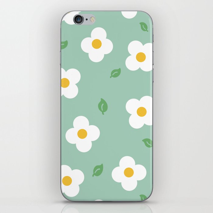 Daisy Pattern and Leaves on Green Background iPhone Skin