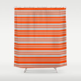 [ Thumbnail: Red and Grey Colored Lined Pattern Shower Curtain ]