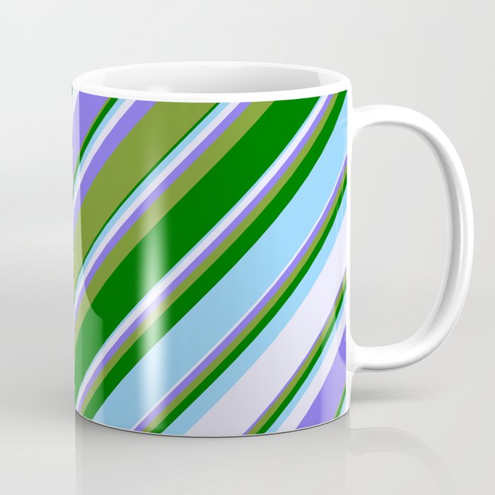 Vibrant Medium Slate Blue, Green, Dark Green, Light Sky Blue & Lavender Colored Stripes Pattern Coffee Mug