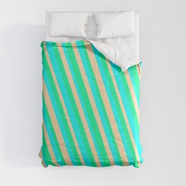 [ Thumbnail: Aqua, Tan, and Green Colored Striped/Lined Pattern Comforter ]