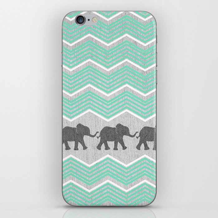 Three Elephants - Teal and White Chevron on Grey iPhone Skin