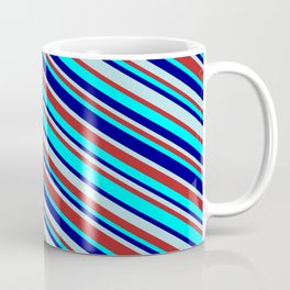 [ Thumbnail: Powder Blue, Red, Aqua, and Blue Colored Lined Pattern Coffee Mug ]