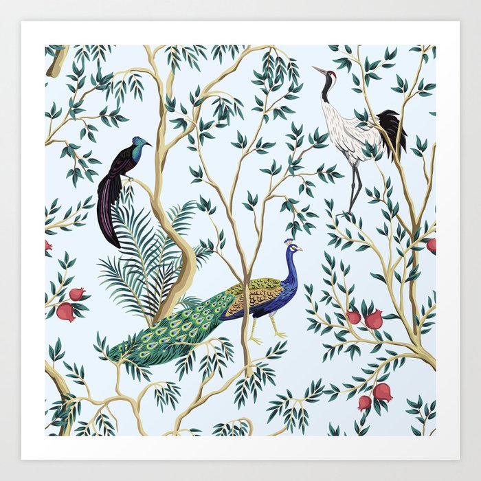 Vintage garden pomegranate fruit tree, exotic bird, peacock floral seamless pattern blue background. Exotic chinoiserie hand drawn.  Art Print