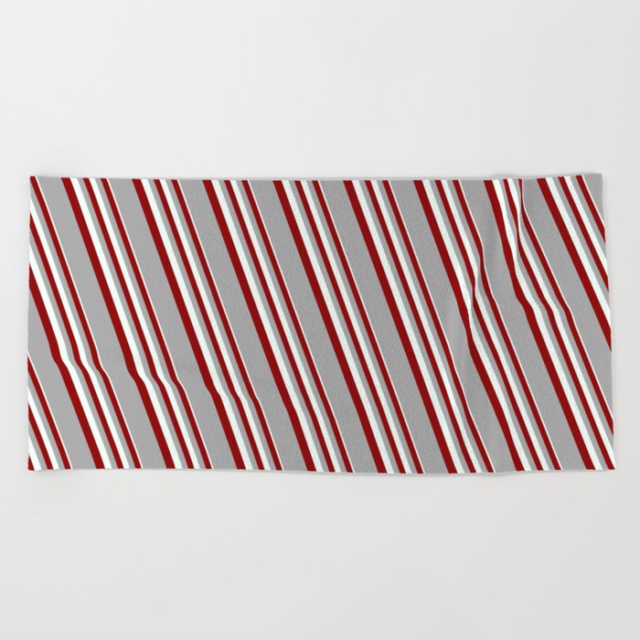 Mint Cream, Dark Red, and Dark Grey Colored Lines Pattern Beach Towel