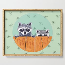 Peeking Raccoons #3 Pastel Green Serving Tray