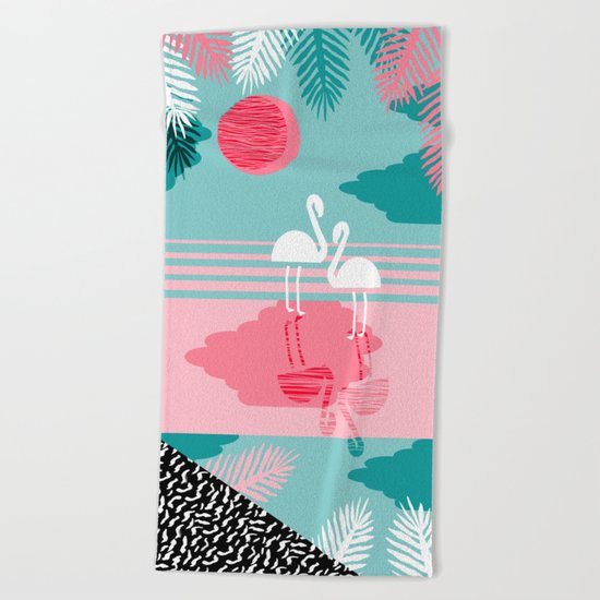 Chill Vibes - memphis retro throwback 1980s 80s neon pop art flamingo paradise socal vacation Beach Towel