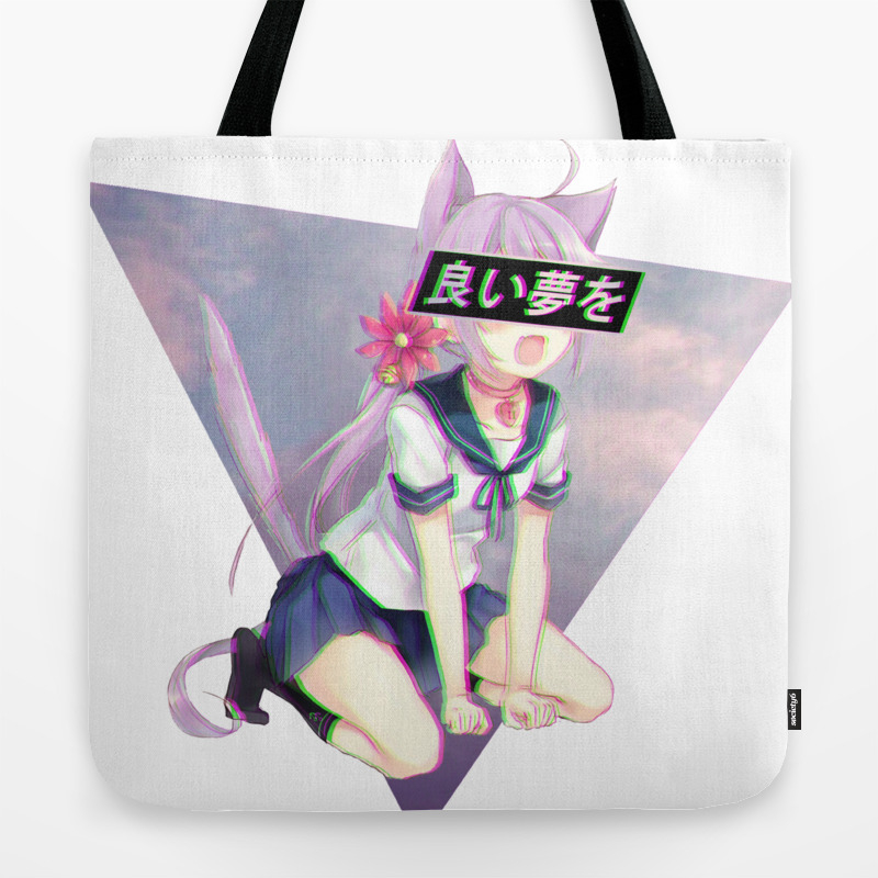 Cat Girl Neko Glitch Sad Japanese Anime Aesthetic Tote Bag By