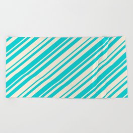 [ Thumbnail: Dark Turquoise and Beige Colored Stripes Pattern Beach Towel ]