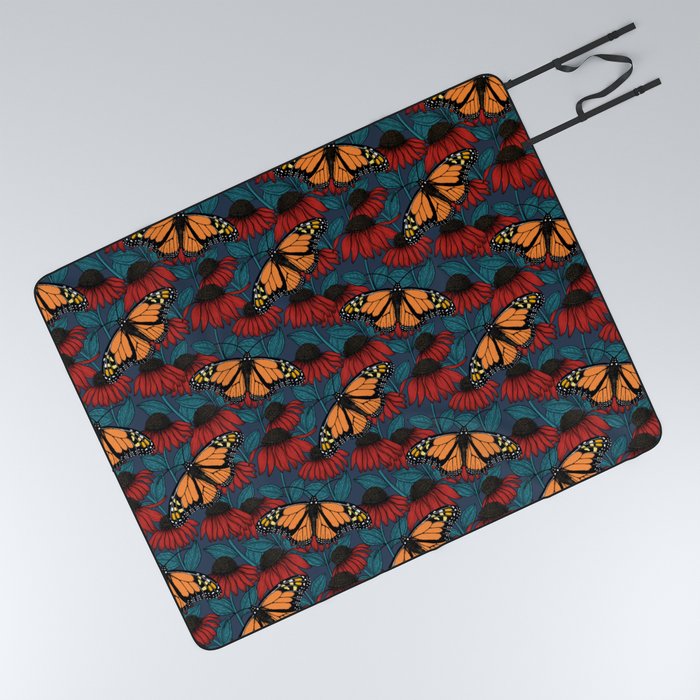 Monarch butterfly on red coneflowers  Picnic Blanket