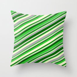 [ Thumbnail: Dark Gray, Dark Green, Lime Green & Light Yellow Colored Stripes/Lines Pattern Throw Pillow ]