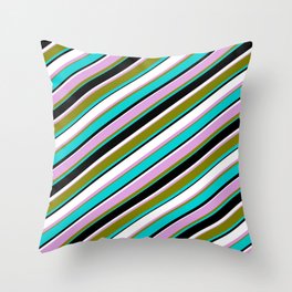 [ Thumbnail: Colorful Plum, Green, Dark Turquoise, Black, and White Colored Lined/Striped Pattern Throw Pillow ]