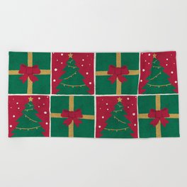 Christmas Presents and Snowy Tree Pattern Beach Towel