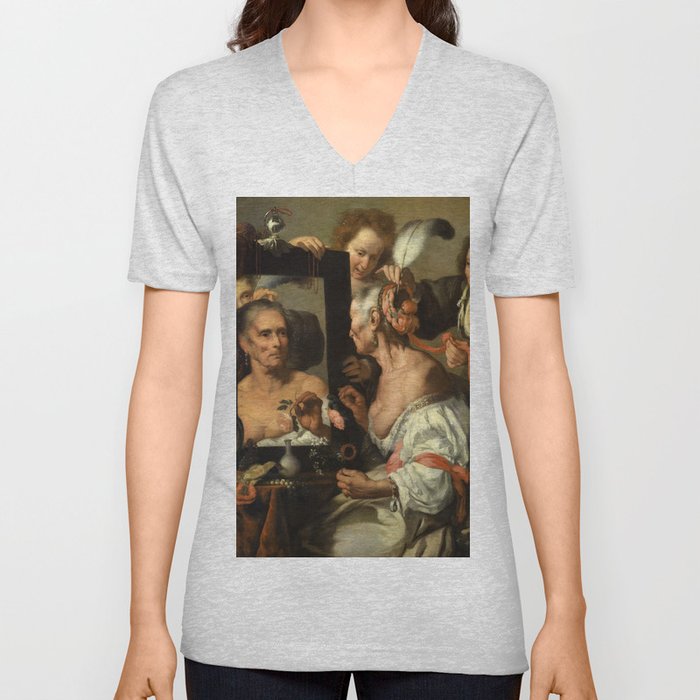 Vanitas, The Old Coquette, 1637 by Bernardo Strozzi V Neck T Shirt