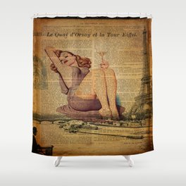 vintage newspaper print paris eiffel tower pin up girl Shower Curtain