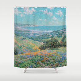 Malibu Coast, California with wild poppies floral seascape painting by Granville Redmond Shower Curtain