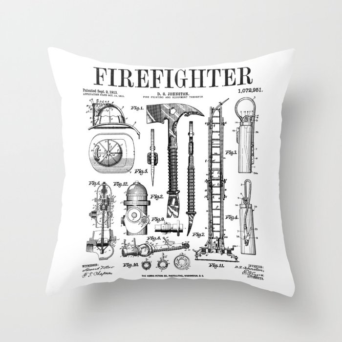 Firefighter Fire Department Fireman Vintage Patent Print Throw Pillow