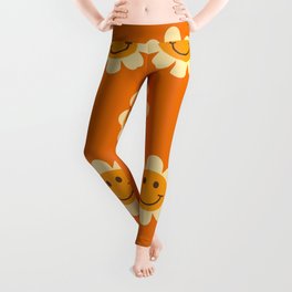 Retro Smiley Floral Face Pattern in Orange, Yellow & Brown Leggings