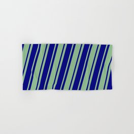 [ Thumbnail: Dark Sea Green & Blue Colored Striped/Lined Pattern Hand & Bath Towel ]