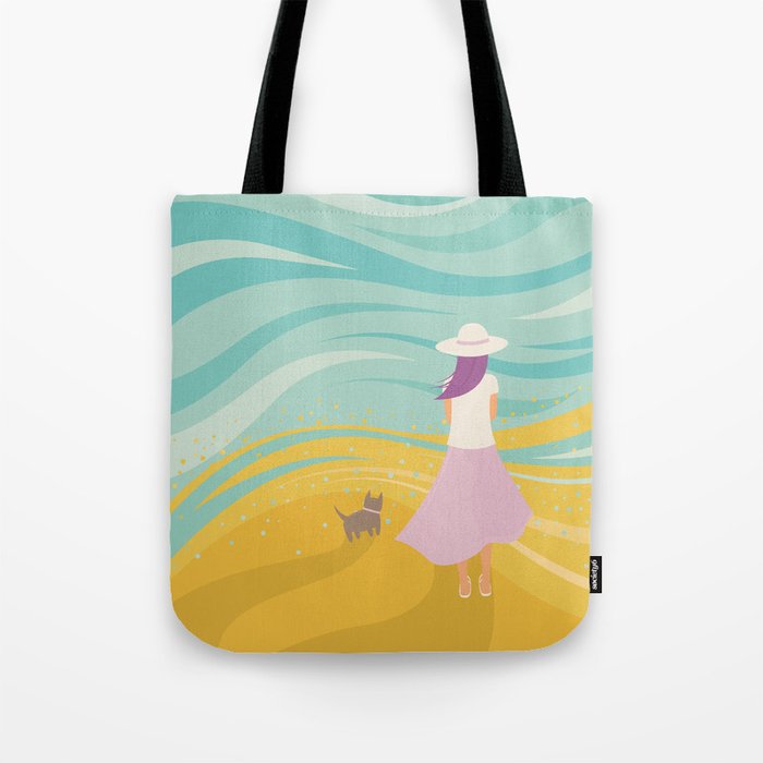 Listen to the Ocean (Girl and Cat Vector Graphic Illustration) Tote Bag