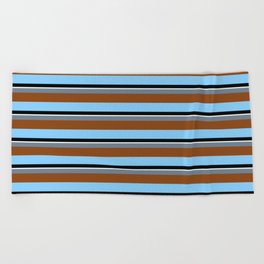 [ Thumbnail: Colorful Slate Gray, Brown, Light Sky Blue, Black & Mint Cream Colored Striped Pattern Beach Towel ]
