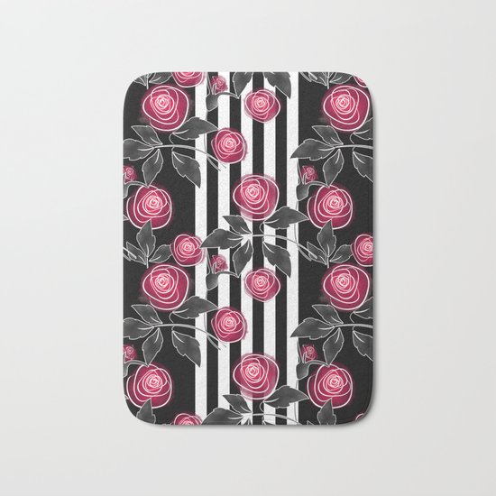 Red roses on black and white striped background. Bath Mat