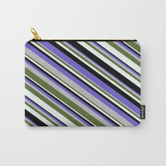Slate Blue, Grey, Dark Olive Green, Mint Cream, and Black Colored Stripes Pattern Carry-All Pouch