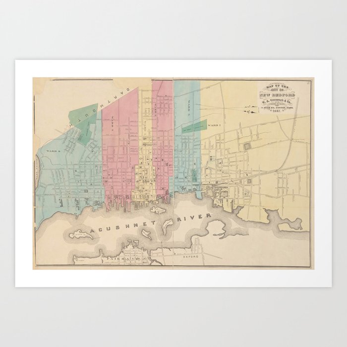 Vintage Map of New Bedford MA (1887) Art Print