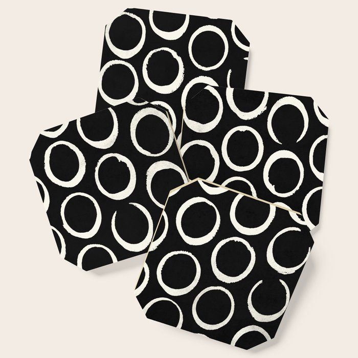 Polka Dots Circles Tribal Cream On Black Coaster By Followmeinstead