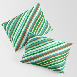 [ Thumbnail: Colorful Light Sea Green, Brown, Aquamarine, Green & Mint Cream Colored Lined/Striped Pattern Pillow Sham ]