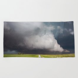 Low Clearance - Country Road Leads to Ground Scraping Storm Cloud on Spring Day in Oklahoma Beach Towel