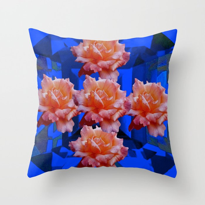 Decorative Old Roses On Sapphire Blue Abstract Field Throw Pillow
