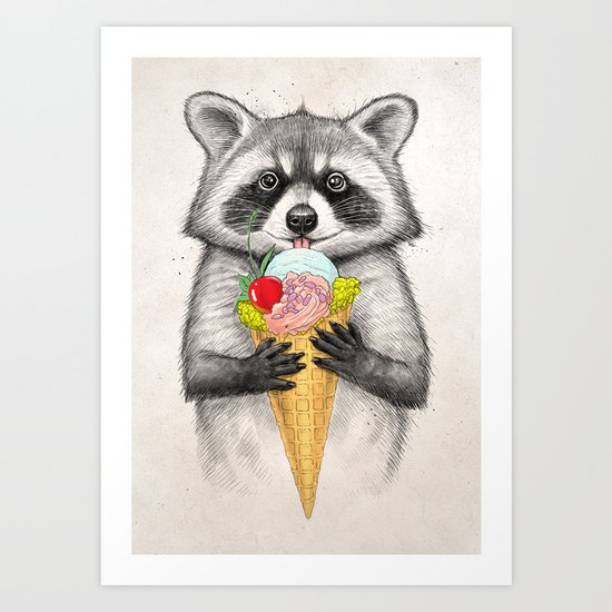 raccoon with ice cream Art Print