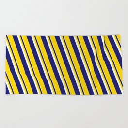 [ Thumbnail: Mint Cream, Midnight Blue & Yellow Colored Lines/Stripes Pattern Beach Towel ]