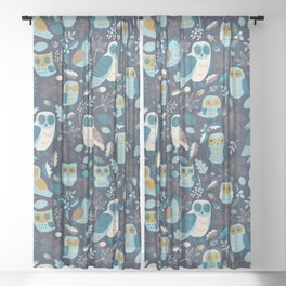 Autumn Owls - Teal and Mustard on Navy - Cute woodland pattern by Cecca Designs Sheer Curtain