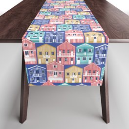 Colourful Portuguese houses // electric blue background rob roy yellow mandy red electric blue and peacock teal Costa Nova inspired houses Table Runner