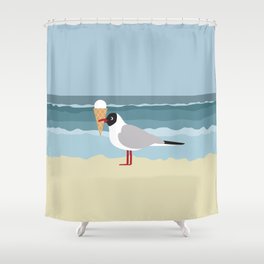 Cute seagull with ice cream by the sea Shower Curtain