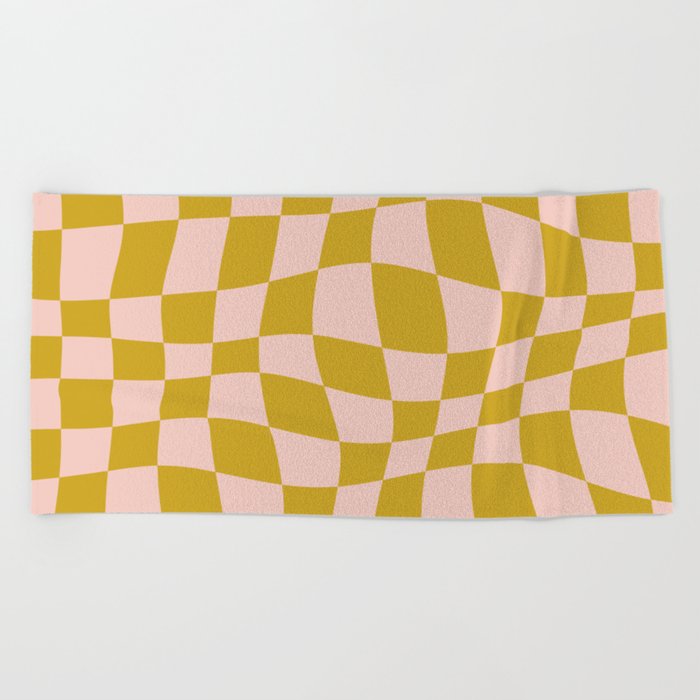 Warped Checkered Pattern (mustard yellow/pink) Beach Towel