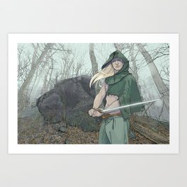 In the Woods Art Print | Male, Hood, Digital, Wendistrang Frost, Fantasy, Trees, Elf, Drawing, Woods, Green 