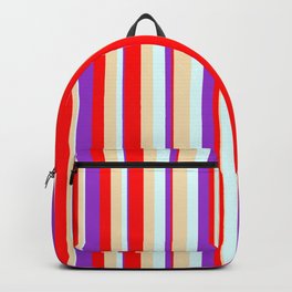 [ Thumbnail: Red, Dark Orchid, Light Cyan, and Tan Colored Stripes Pattern Backpack ]