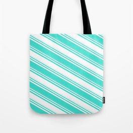 [ Thumbnail: White and Turquoise Colored Lined/Striped Pattern Tote Bag ]