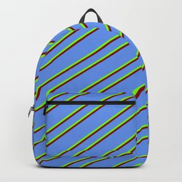 [ Thumbnail: Cornflower Blue, Green, and Maroon Colored Stripes/Lines Pattern Backpack ]