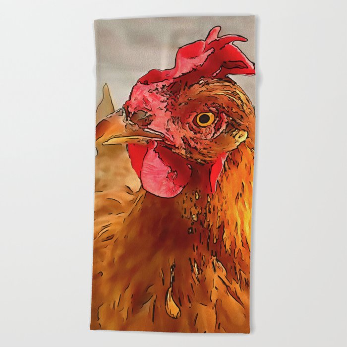 Farmyard Chicken Portrait Black Outline Art Beach Towel