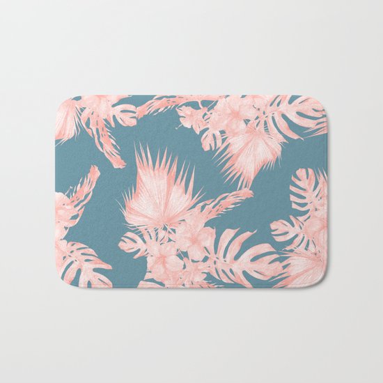 Tropical Palm Leaves Hibiscus Flowers Pink Blue Bath Mat
