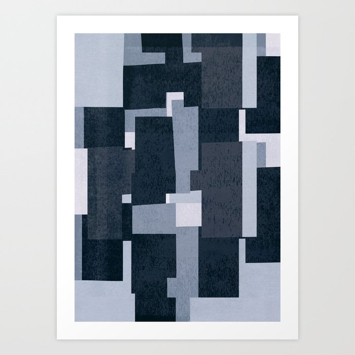 Mosaic Textured | Dark Blue Navy Geometric Abstract Collage Art Print