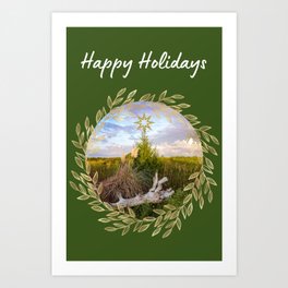 Happy Holidays - Rustic evergreen and gold leaves Art Print